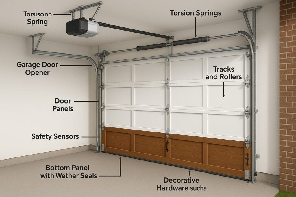 New Garage Door Installation Cost Guide: Budgeting Tips for Homeowners 2 New garage door installation overview illustrating essential steps and components, including door panels, tracks, opener, and safety features for a secure and efficient setup.