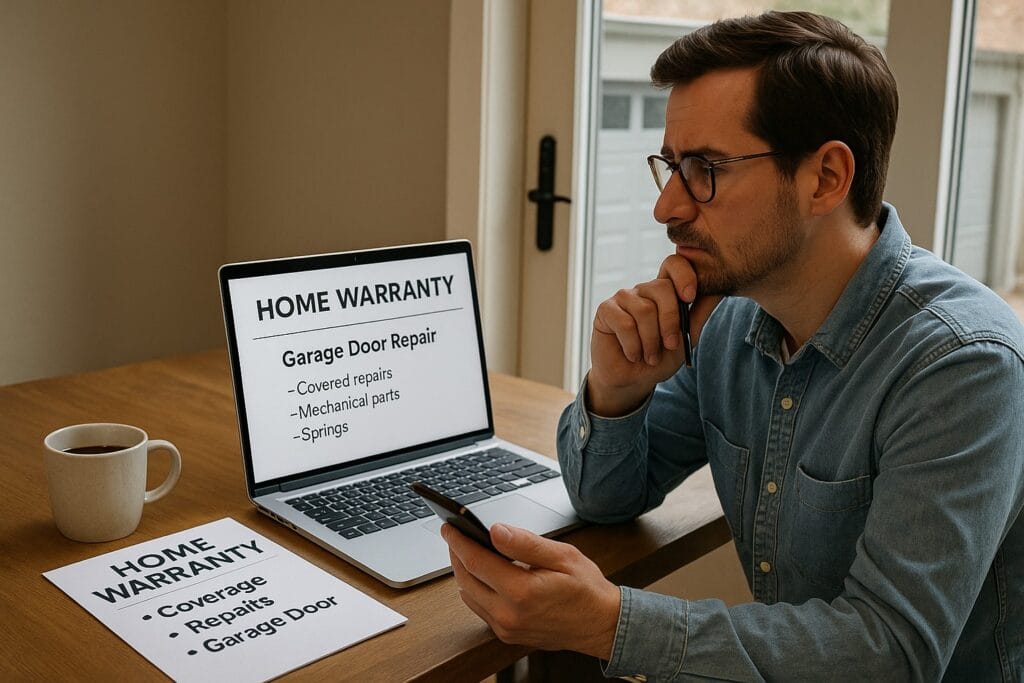 Can a Home Warranty Cover Emergency Garage Door Repair in Texas? 2 Homeowner closely reviewing a garage door repair warranty on a laptop, with printed terms listing coverage for springs and mechanical parts.