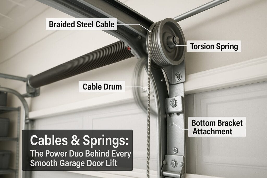 Labeled garage door components including braided steel cable, cable drum, torsion spring, and bottom bracket attachment—highlighting the key parts involved in garage door cable replacement.