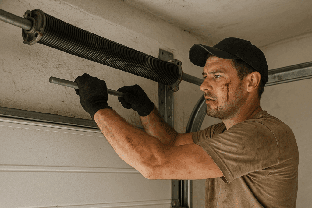 Garage Door Repairs for Insulated Doors in Mission, TX 3 Injured man with cuts attempting dangerous garage door spring repair, highlighting risks of DIY garage door repairs.