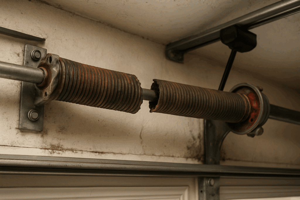Garage Door Repairs for Insulated Doors in Mission, TX 2 Close-up of a broken garage door spring, showing damage that requires immediate professional garage door repairs.