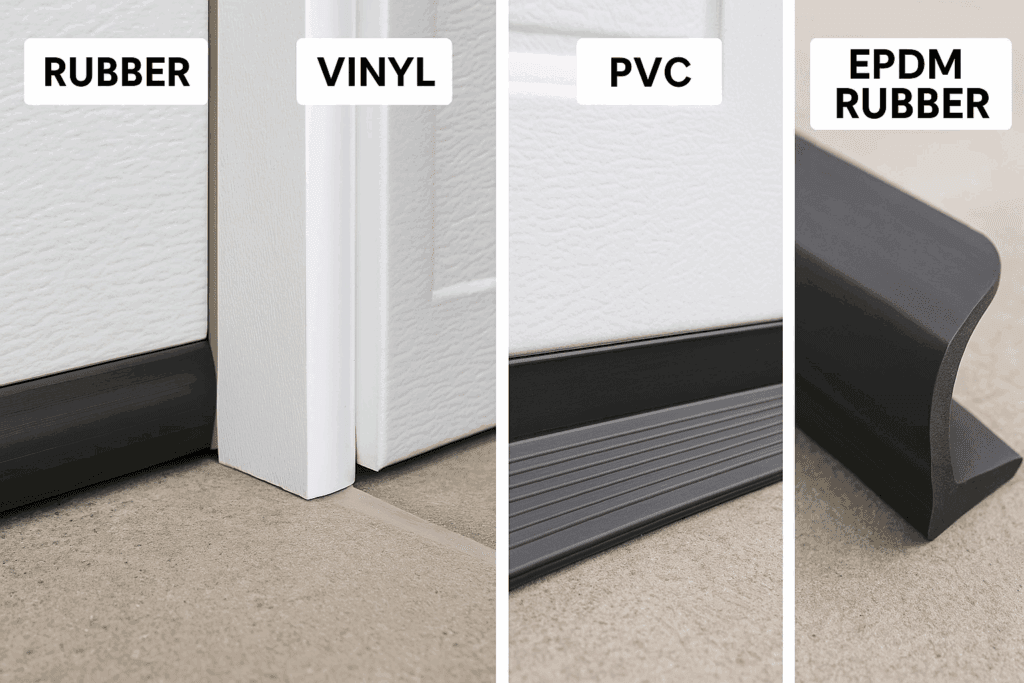 Garage Door Weather Stripping Solutions for Mission’s Hot Climate 2 Garage door weather stripping materials comparison showing rubber, vinyl, PVC, and EPDM rubber seals.