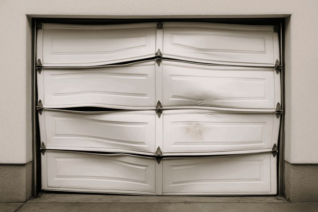 Damaged and warped panels showing urgent need to repair garage door.