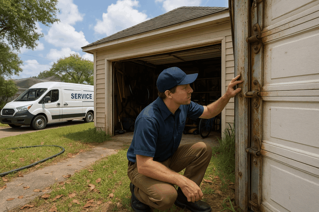 Technician inspecting rusty hinges on old door to repair garage door.