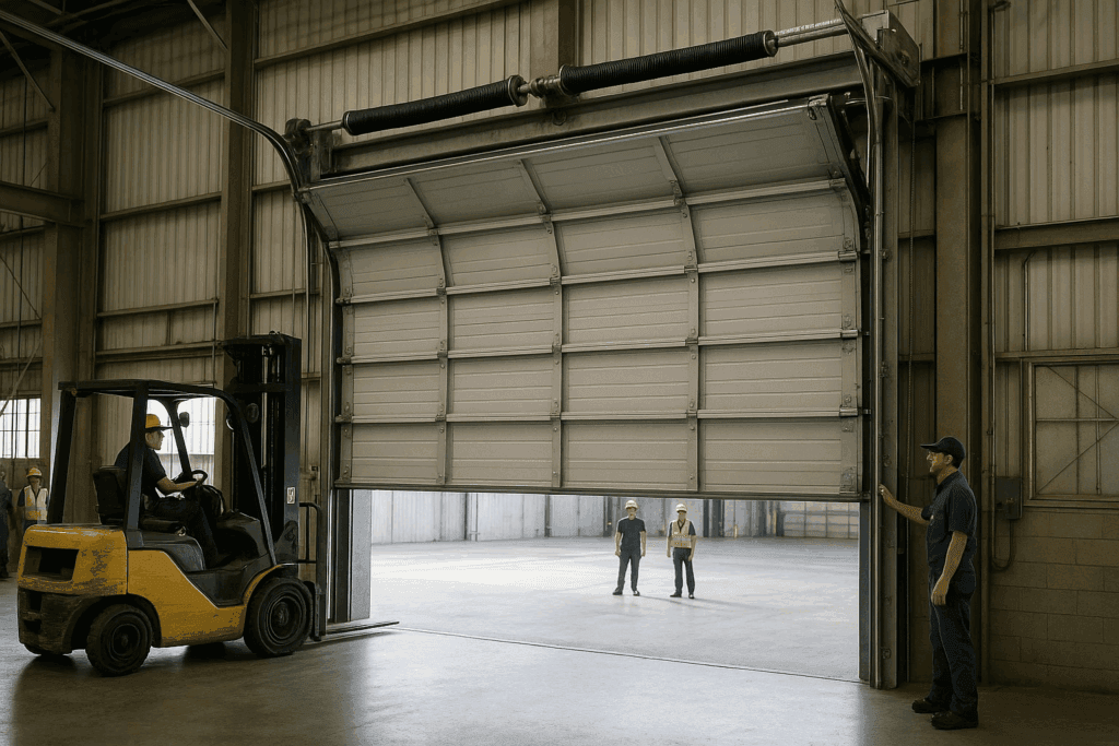 Technician monitoring forklift access during commercial garage door repair and operation.