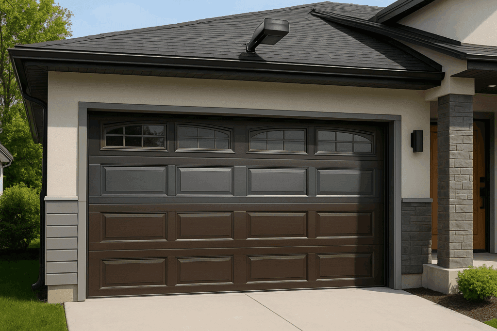 Two-tone panel design modern garage doors with decorative windows on suburban home.