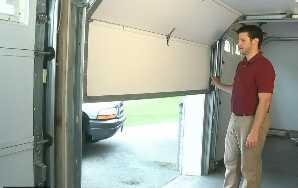 Technician performing a garage door tune-up by inspecting and adjusting the door’s movement inside a residential garage.