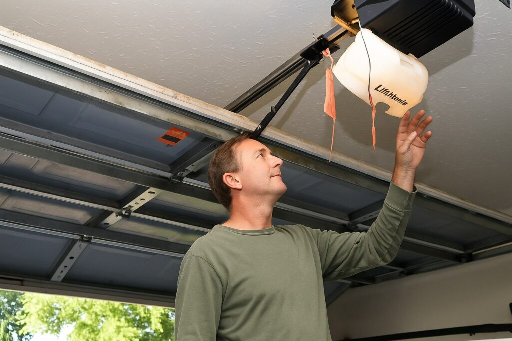 Homeowner inspecting motor cover during garage door opener repair in residential garage.