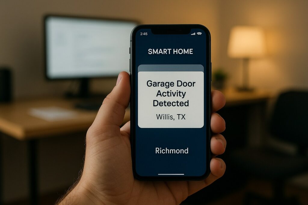 A smartphone displays a smart home alert notifying the user of garage door activity detected in Willis, Texas.