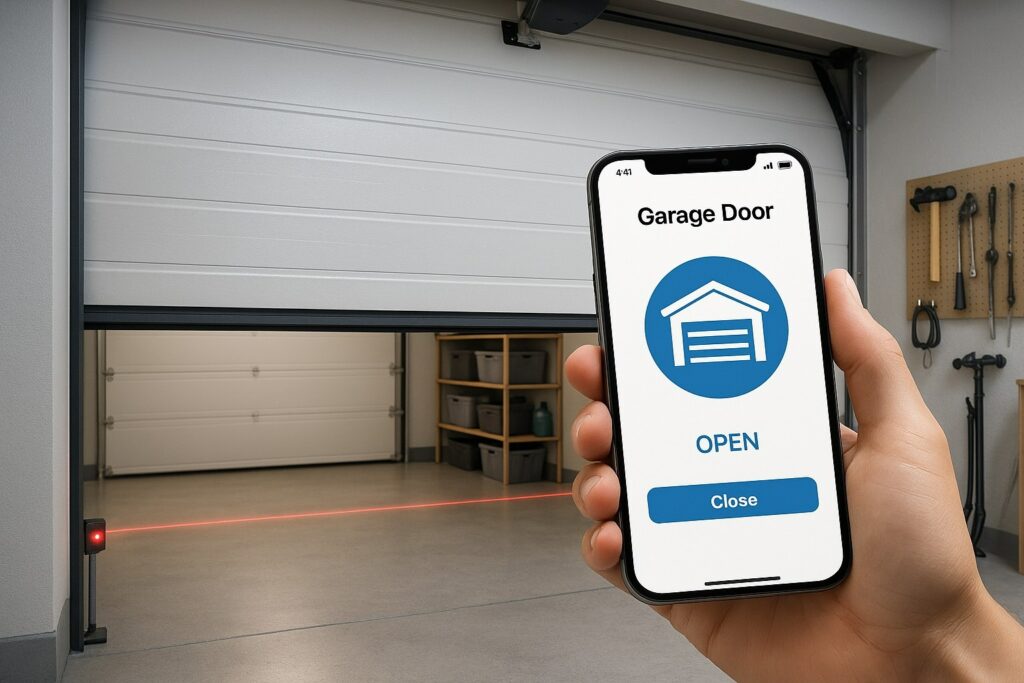 A person uses a smartphone app to control automatic garage doors while the safety sensor beam is active.