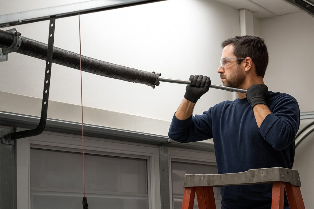 Garage door repair technician replacing a torsion spring while standing on a ladder, wearing safety glasses and gloves.