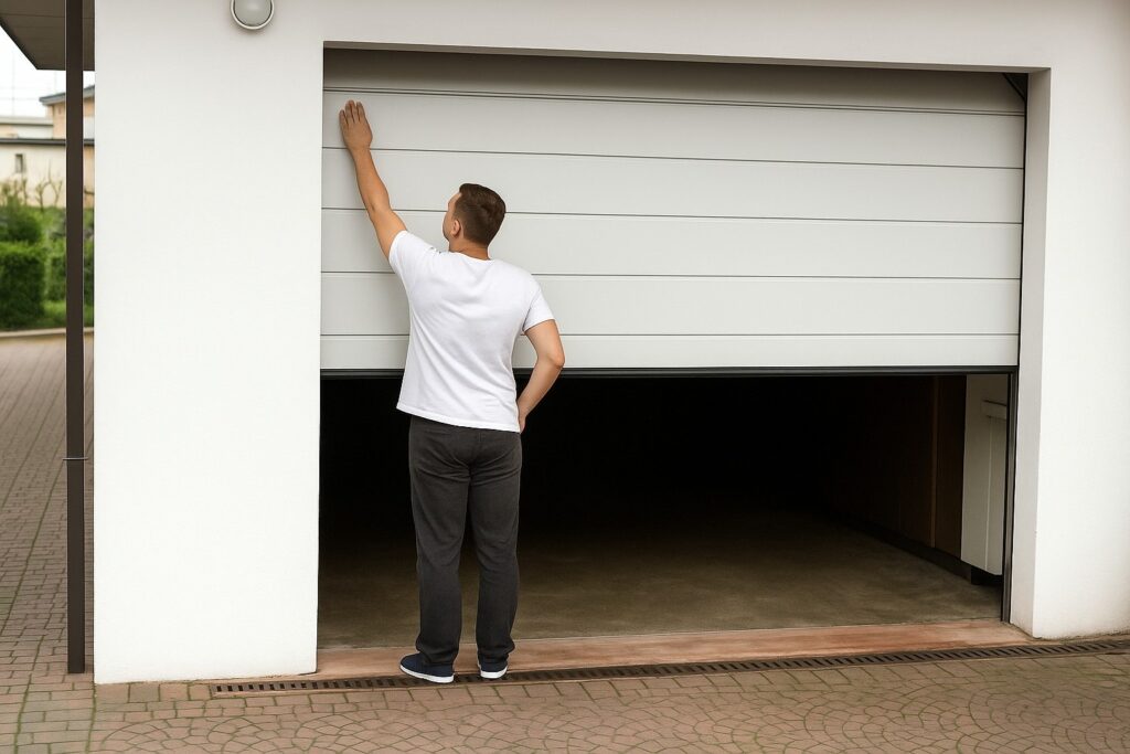 Garage door repair homeowner checking a stuck garage door panel.