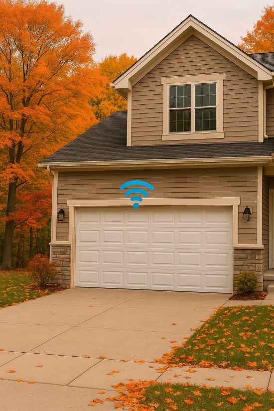 smart garage door, background is Fall smart garage door - Residential garage door installation